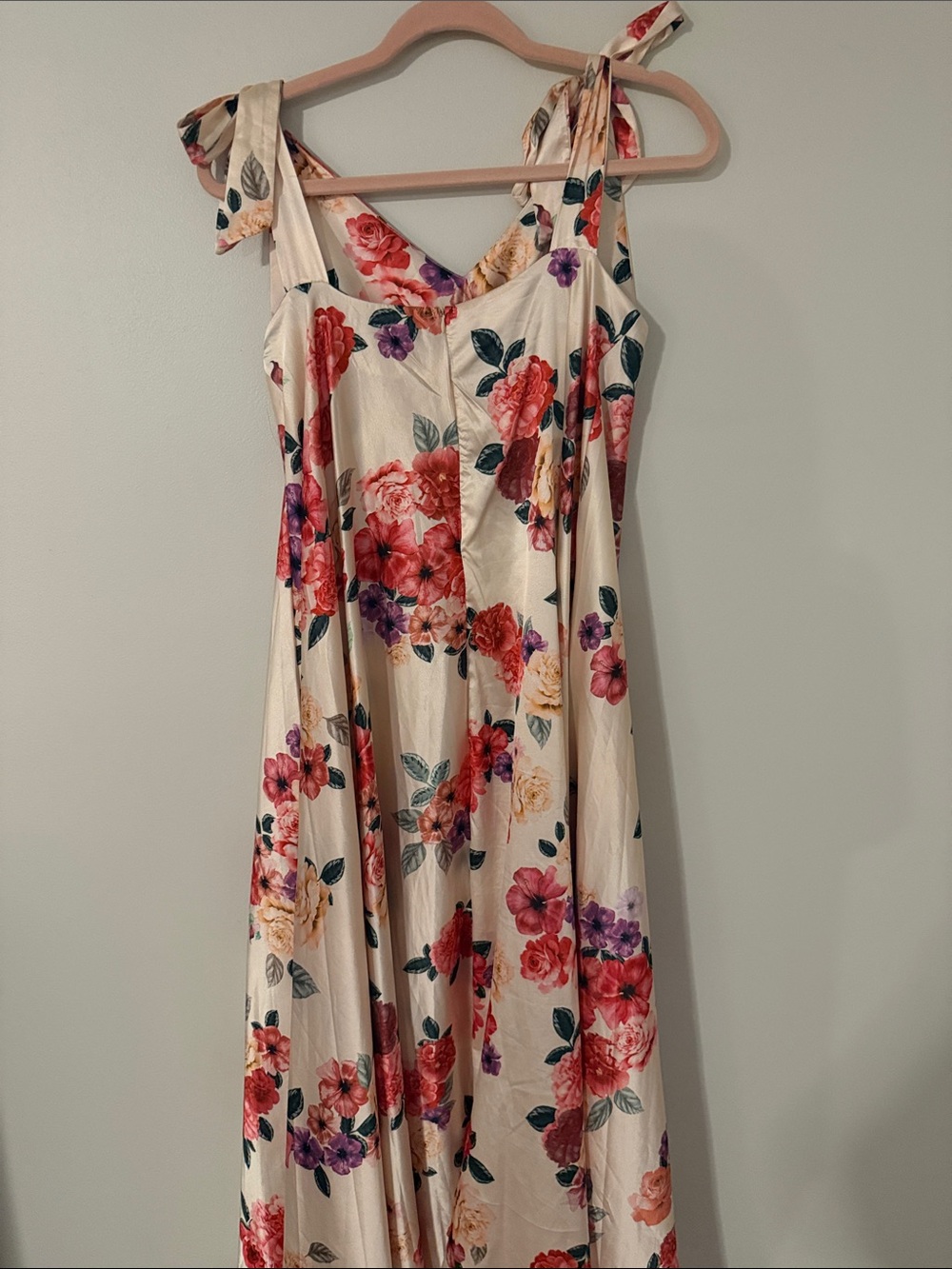 Floral Tie-Shoulder Satin Maxi Dress - Cream with Red & Purple Flowers - Picture 2 of 3